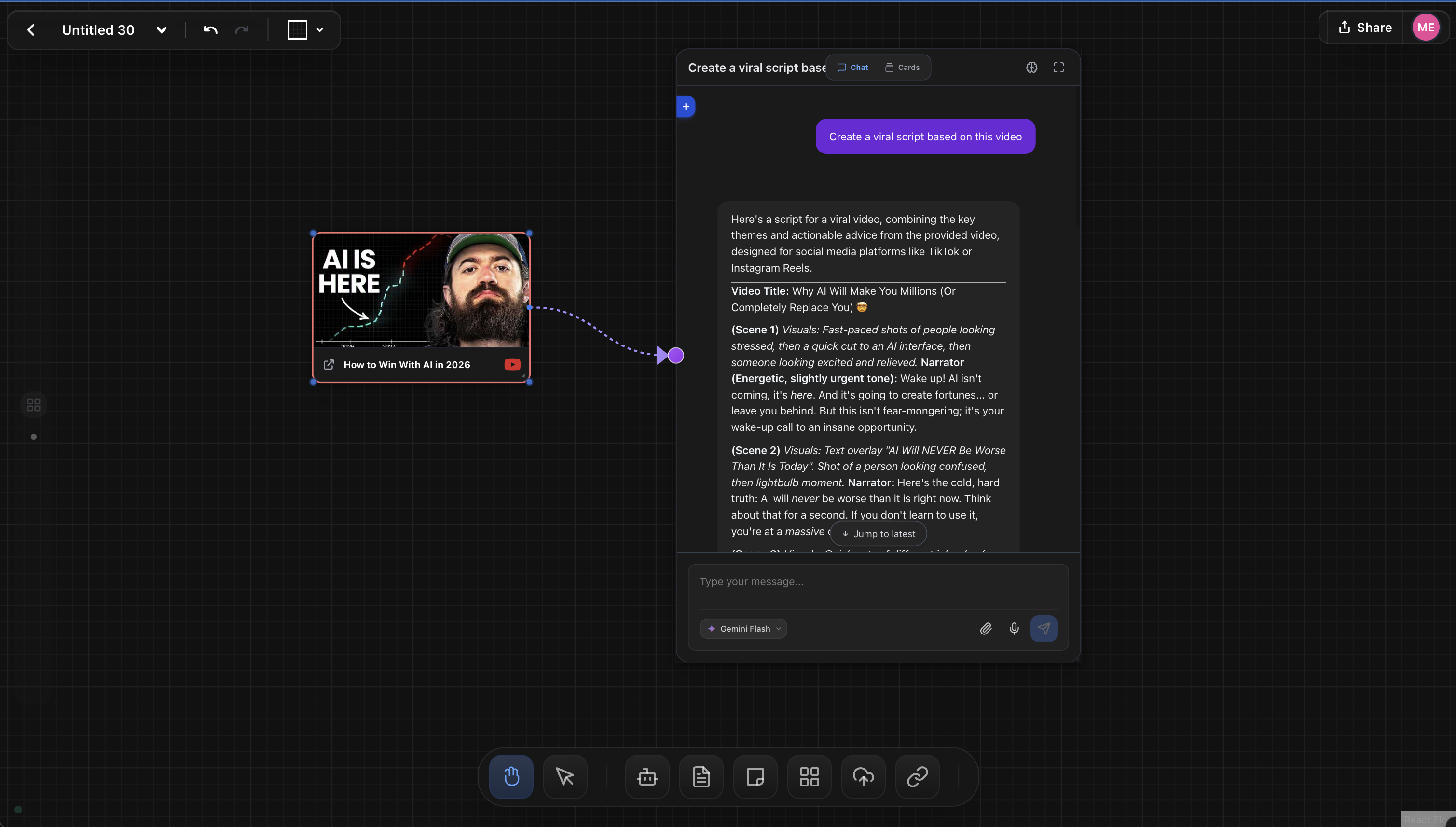 A visual AI canvas with connected source and chat nodes